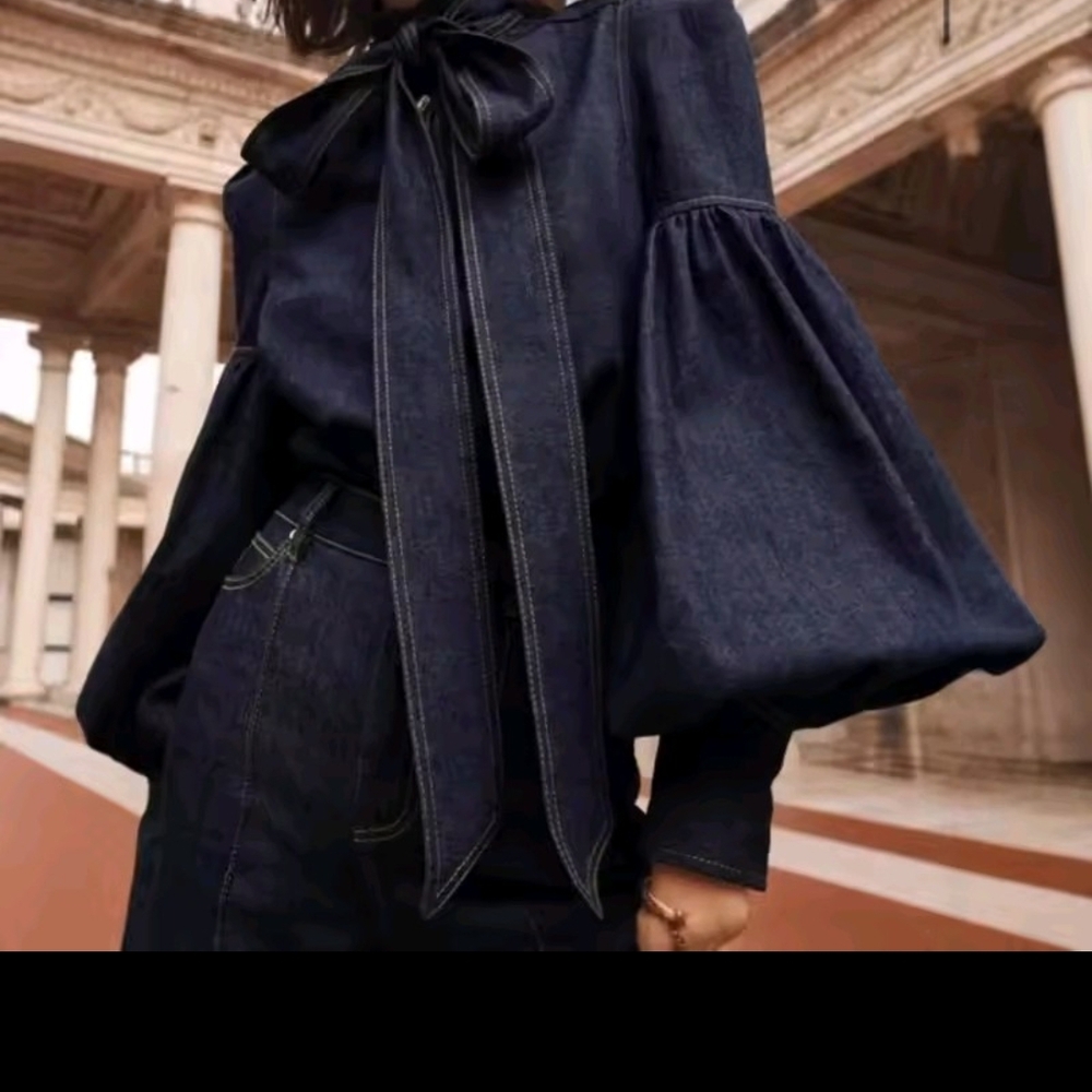 Elegant Navy Blouse with Bow Detail - New Without Tags